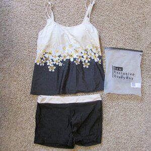 NIP Large Black Yellow Floral Tankini Swim Set Pad Bra Shelf Adjust Straps